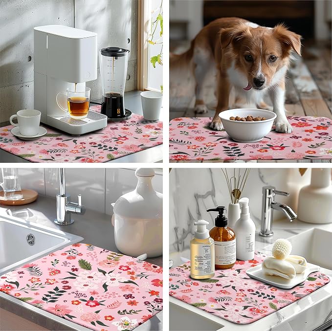 Pink Floral Dish Drying Mat for Kitchen Counter Cute Flower Print Dish Rack Mats Absorbent Microfiber Dish Draining Mat Reusable Washable Large Drainer Pad 18x24 Inch