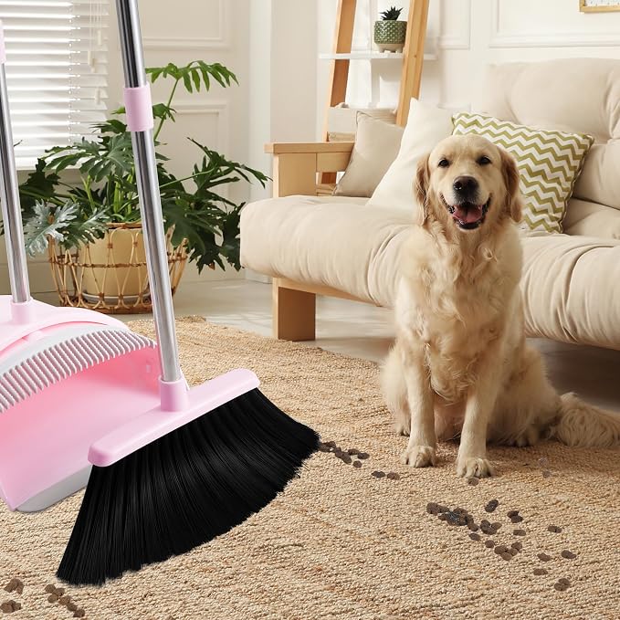 Pink Broom and Dustpan Set for Home, 52-in Long Handle Broom with Dustpan Combo with Dustpan Teeth Easy to Scrape Off Pet Hair, Indoor&Outdoor Sweeping(Pink)