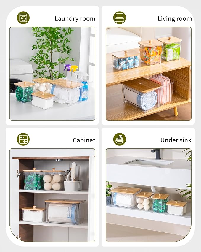 iCASA Trash Bag and Pod Dispenser - 5 in 1 Acrylic Under Sink Organizer with Bamboo Lid, Holds Garbage Bags, Dishwasher Pods, Laundry Tabs, Dryer Sheets & Balls for Kitchen, Pantry, Laundry Room