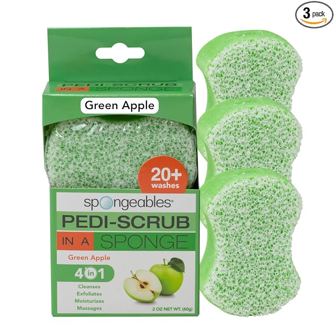 Spongables Pedi Scrub Foot Exfoliating 20+ Wash Sponge, Green Apple, 3 Count