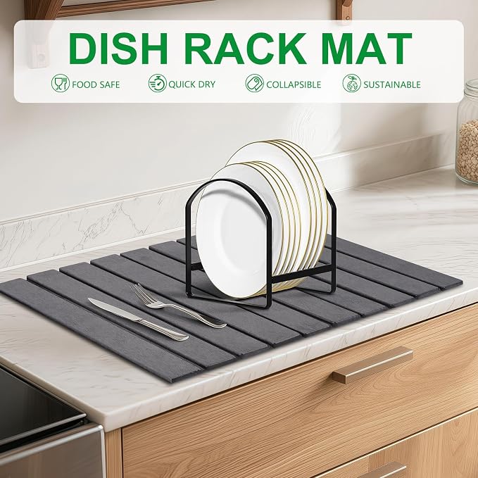 cuomaop Stone Drying Mat for Kitchen Counter Large, Foldable Quick Dry Diatomaceous Earth Mat for Dishes Bottles Cups, Absorbent Collapsible Stone Dish Drying Mat for Countertop Bathroom 23" x 15.3"