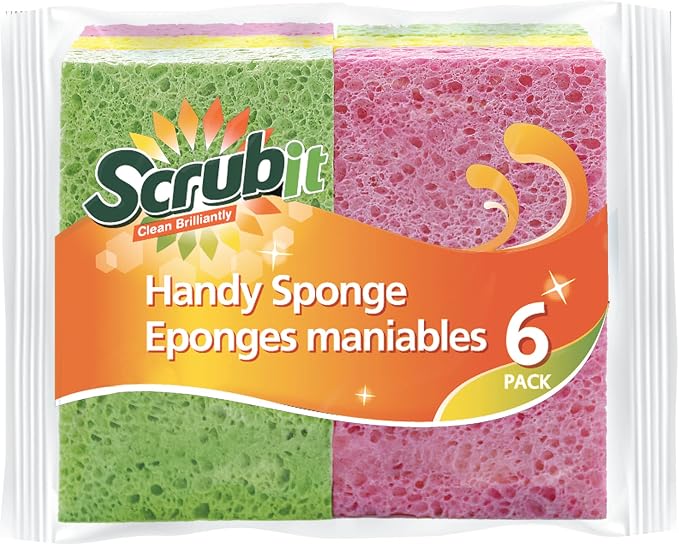 SCRUBIT Cellulose Scrub Sponge - Kitchen Cleaning Sponges for Dishes, Pans, Pots & More- 6 Pack Dishwashing Sponges - Colors and Packaging May Vary