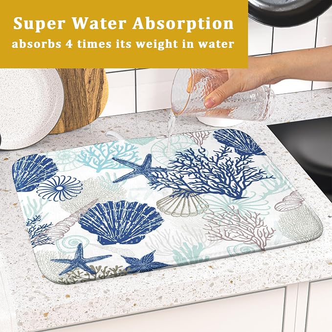 Summer Navy Blue Coral Beach Starfish Dish Drying Mat 16×18 Inch | Polyester,Absorbent Microfiber,for Kitchen Coffee Dining Bar Decor
