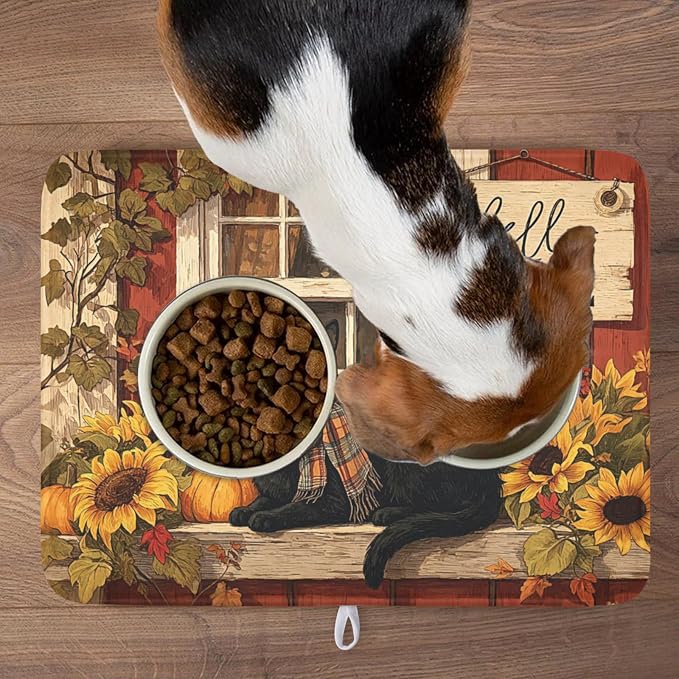 Fall Dish Drying Mat for Kitchen Counter Vintage Autumn Cat Sunflower Pumpkin Microfiber Dish Drainer Mat Rustic Farmhouse Absorbent Washable Drying Pad Extra Large 18"x24"