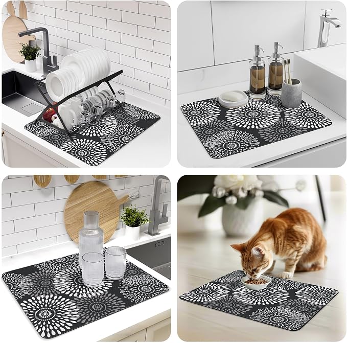 LuxStep Dish Drying Mat Super Absorbent Kitchen Counter Mat Rubber Backing Draining Mat Easy to Clean Kitchen Accessories Dish Rack Pad for Dishes, Utensils, Countertops, Sinks 15" x 18" Black