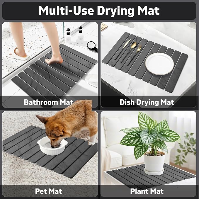 Large Stone Dish Drying Mat for Kitchen Counter, Quick Dry Dish Drying Mats, Foldable Absorbent Diatomaceous Earth Mats for Plate Rack Bottles Cups, Match Any Countertop (Gray Marble 24"×16" & 8"x4")