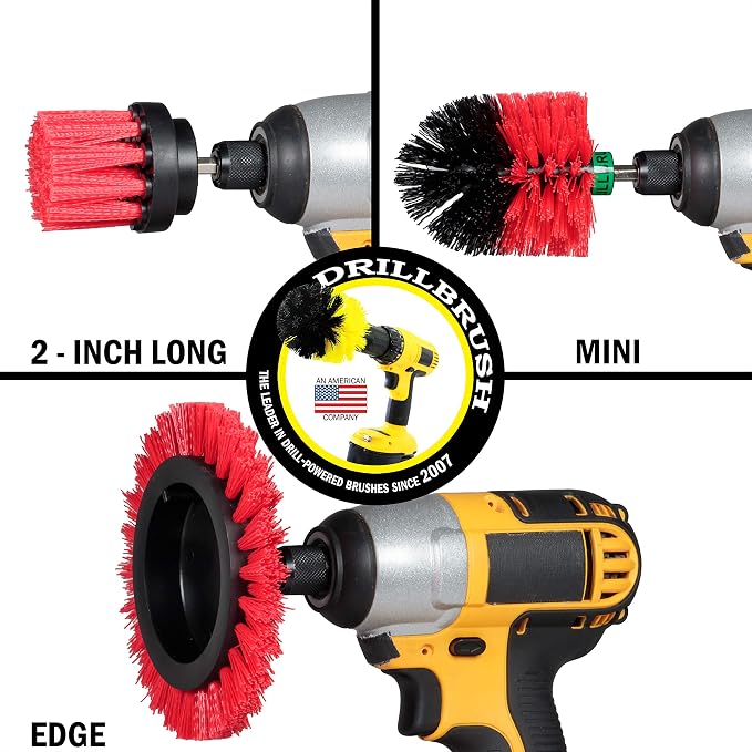 Deck Cleaning Brush Set - Brick and Stone Outdoor Scrubber Kit | Red Stiff 3 Piece Outdoor Power Scrubber Brush Kit - Garden Patio Scrubbing Tool - Concrete Scrubbing Tool Set