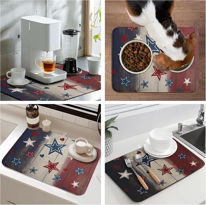 Patriotic Stars Dish Drying Mats 4th of July Dish Mat Blue Red Heart Drying Matt Dishes Dryer Pad for Kitchen Counter Absorbent Microfiber Washable Foldable Reusable 18x24 in