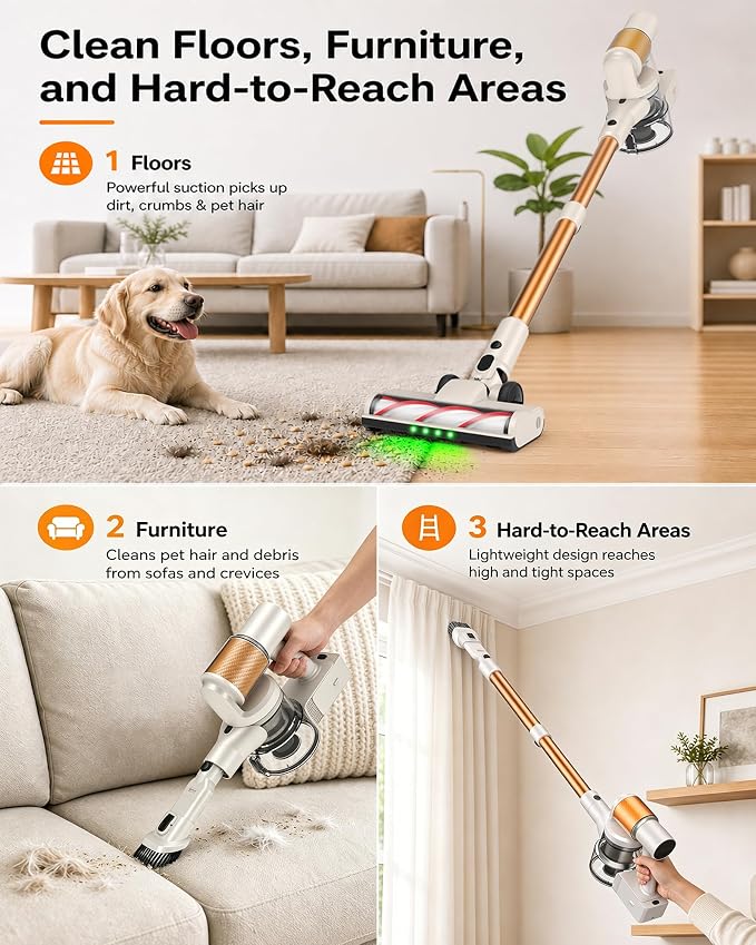 Cordless Stick Vacuum Cleaner, 2 Batteries 110 Mins for Home, Pet Hair | 600W 50KPA Powerful, Self-Standing, Tangle-Free Brush, LED Display, Vacuum Cleaner for Hardwood Floor, Carpet