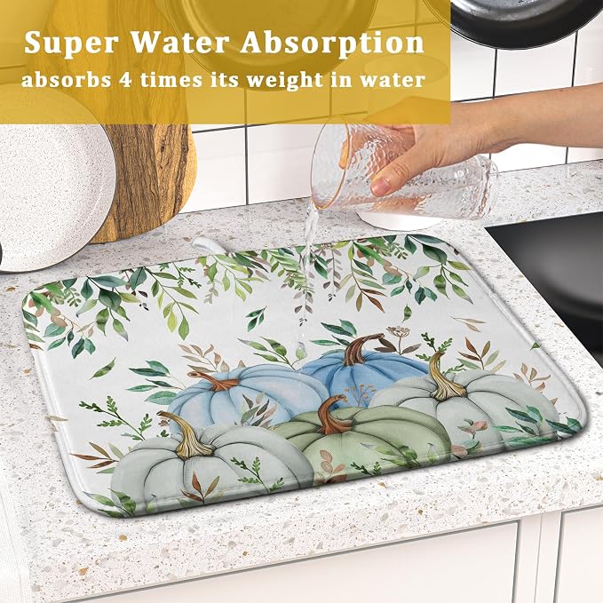 Giwawa Fall Blue Pumpkin Dish Drying Mat Autumn Harvest Dishes Pad 16"x18" Microfiber Quick Dry Dish Drainer Rack Mats Kitchen Counter Accessories