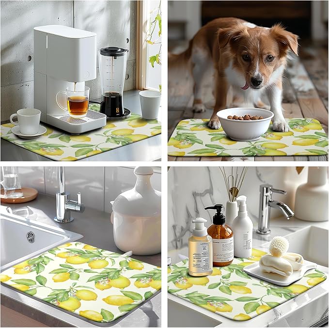 Lemon Kitchen Dish Drying Mat 16×18 Inch Summer Yellow Green Lemon Drying Mat Watercolor Microfiber Dish Drainer Rack Mat Washable Absorbent Dish Pad