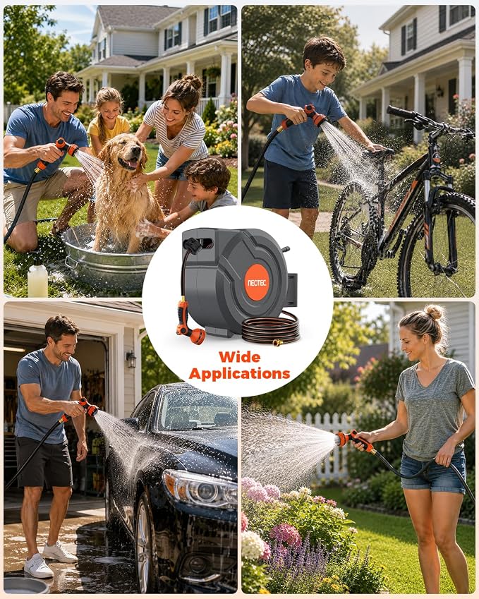 5/8 in 115 ft Retractable Garden Hose Reel with 9-Pattern Sprayer Nozzle | Any Length Lock, Auto Slow Return, 180° Swivel Mount, UV Resistant, Heavy Duty