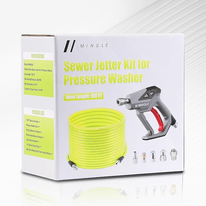 M MINGLE Sewer Jetter Kit for Pressure Washer 100 FT, Drain Cleaner Hose with Power Washer Gun, 1/4 Inch NPT Corner Rotating and Button Nose Sewer Jetting Nozzle, Orifice 4.0, 4.5