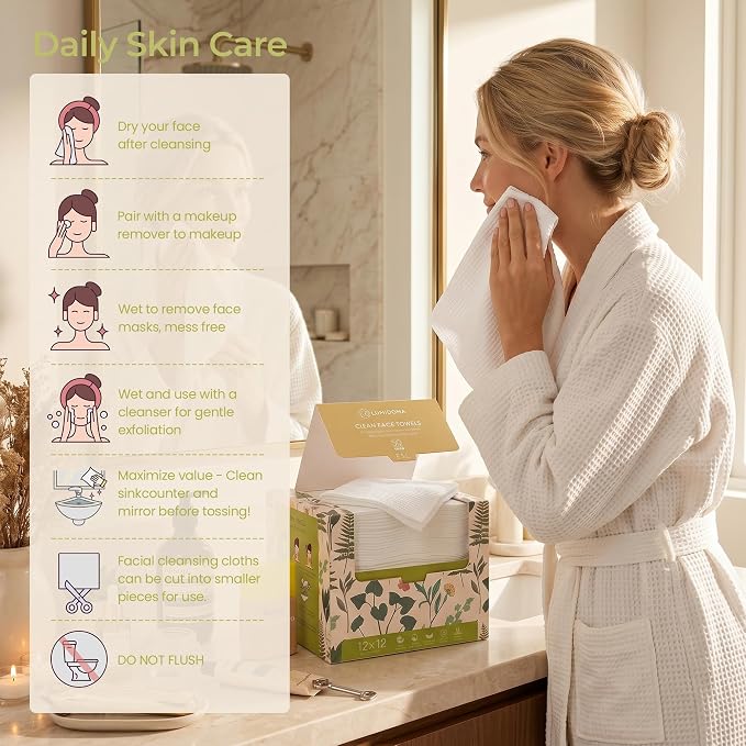 XXL Disposable Face Towel 12x12 Inches Extra Thick Facial Cleansing Cloths, 100% Plant-Based Pure Fiber Dry Wipes for Sensitive Skin, Makeup Removing, 50 Count