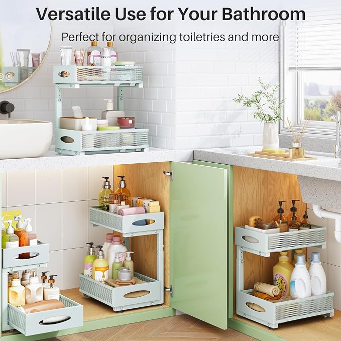 2 Pack Under Sink Organizer, 2 Tier Pull out Cabinet Organizer Mesh Baskets with 5 Adjustable Heights, Sliding Drawers Storage Shelf for Home, Kitchen, Bathroom, Pantry, Office, Countertop ,Blue