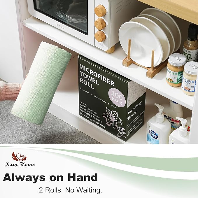 Jessy Home 2 Roll Reusable Paper Towels,100 Sheets Tear Away Microfiber Cleaning Cloth, Lint Free Clean Rags for Kitchen, Dishcloth,Household Cleaning Supplies