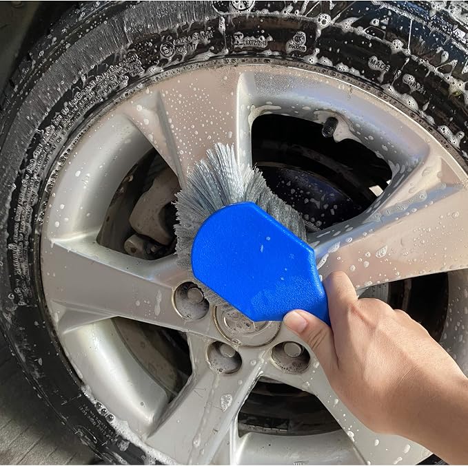 Wheel & Tire Brush for Car Rim, Soft Bristle Car Wash Brush | Car Tire Brush Cleans Tires & Releases Dirt and Road Grime, Short Handle Wheel Brush for Easy Scrubbing Blue