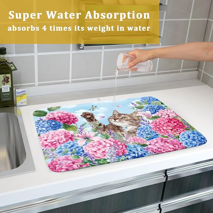 Cute Cat Dish Drying Mats for Kitchen Counter Hydrangea Floral Absorbent Drying Dishes Mat Large 18 X 24