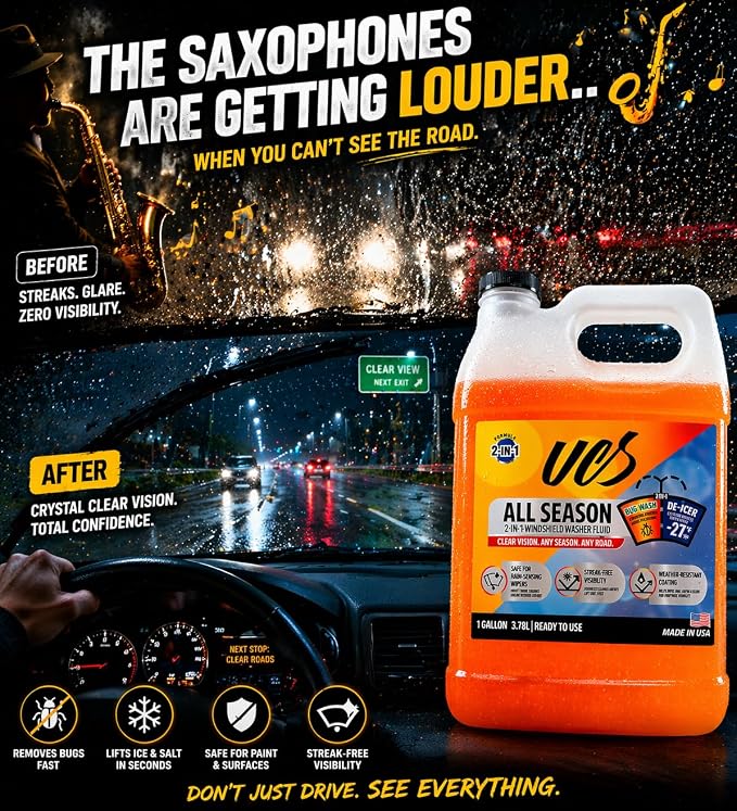 UCS Advanced All-Season Windshield Washer Fluid -27°F, Water Repellent Technology, Powerful Bug Remover, Streak-Free Cleaning, Ready-to-Use RTU, 1 Gallon