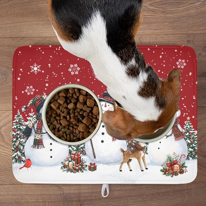 Christmas Snowman Dish Drying Mat for Kitchen Counter 18x24 Inch | Red Xmas Theme Trees Snowflake Pattern Dish Drainer Mat Rustic Winter Holiday Absorbent Washable Drying Pad