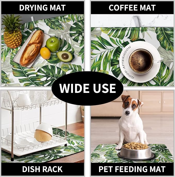 Tropical Palm Leaves Dish Drying Mat for Kitchen Counter 18x24 Inch, Green Monstera Kitchen Drying Mat,Watercolor Herbs Dishes Pad Dish Drainer Rack Mats Absorbent Fast Dry Kitchen Accessories