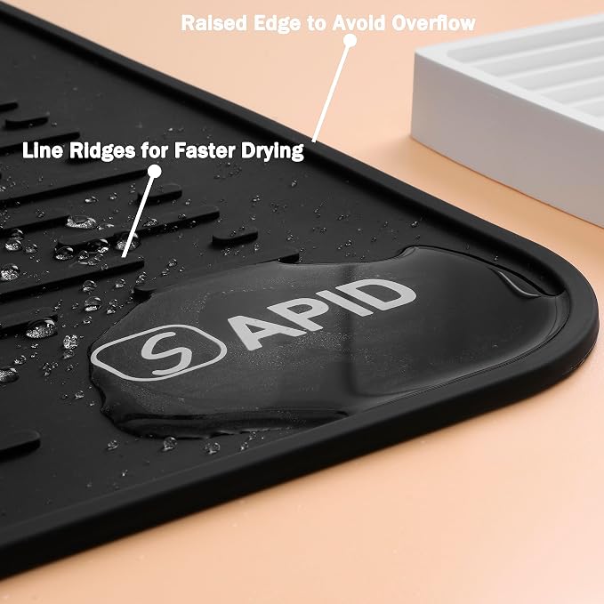 Extra Large 30 x 24 Inch Silicone Dish Drying Mat for Dish Drying Rack , Easy Clean Silicone Drying Mat for Kitchen Counter , Non-Slip Dishes Drain Mat , Heat Resistant Silicon Dish Matt, Black, SAPID