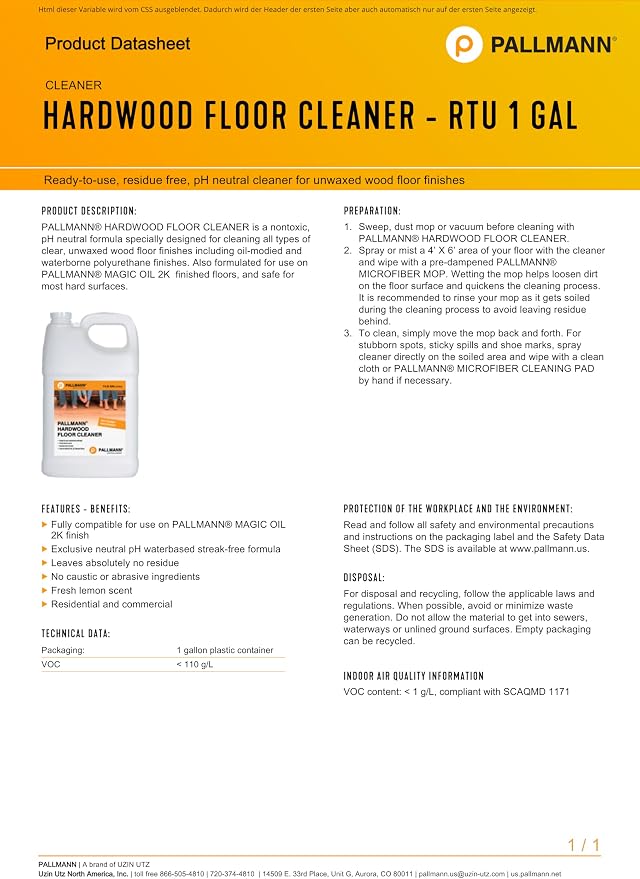 Pallmann Hardwood Floor Cleaner Ready To Use - 1 Gallon - Residue Free