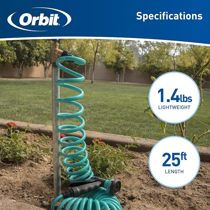 Orbit 26381 Coil Garden Hose, 25 Feet, with 8-Pattern Hose Nozzle (Blue)