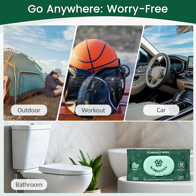 WONDERFUL Flushable Butt Wipes, Variety 100% Plant-Based Wet Wipes for Adults & Kids; Sewer, Septic Safe; Gentle on Sensitive Skin, Wipes Flushable Pack for Bathroom & Travel, 3-Pack (180 Count)