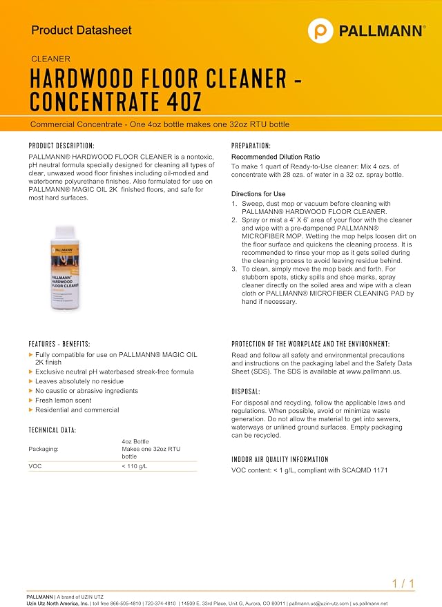 Pallmann Hardwood Floor Cleaner Concentrate - 4 oz - Residue Free