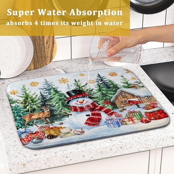 Christmas Kitchen Drying Mat 16 x 18 Inch Winter Snowflake Drying Pad Snowman and Tree Pattern Absorbent Reversible Microfiber Mats Dish Rack Pad Drainer Mat for Coffee Bar Decor