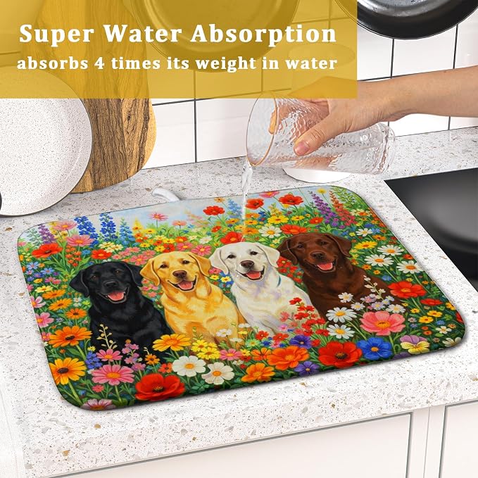 Flower Dog Dish Drying Mat Spring Floral Microfiber Absorbent Dish Drying Pad for Kitchen Counter