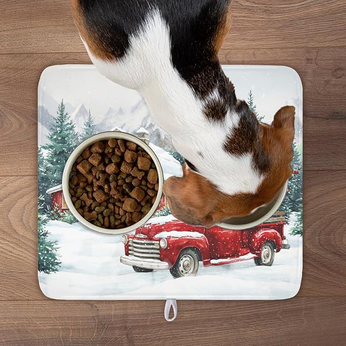 Winter Snowscape Dish Drying Mat for Kitchen Counter Christmas Red Truck Trees Dish Drainer Mat Xmas Holiday Rustic Farmhouse Absorbent Washable Drying Pad 16"x18"