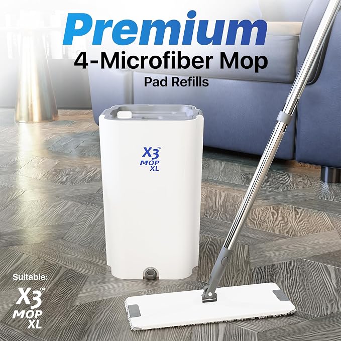 X3 Mop XL Replacement Microfiber Cleaning Pads, 4 Pack of Reusable Flat Mop Heads. (Pads fit X3 Mop XL Only)