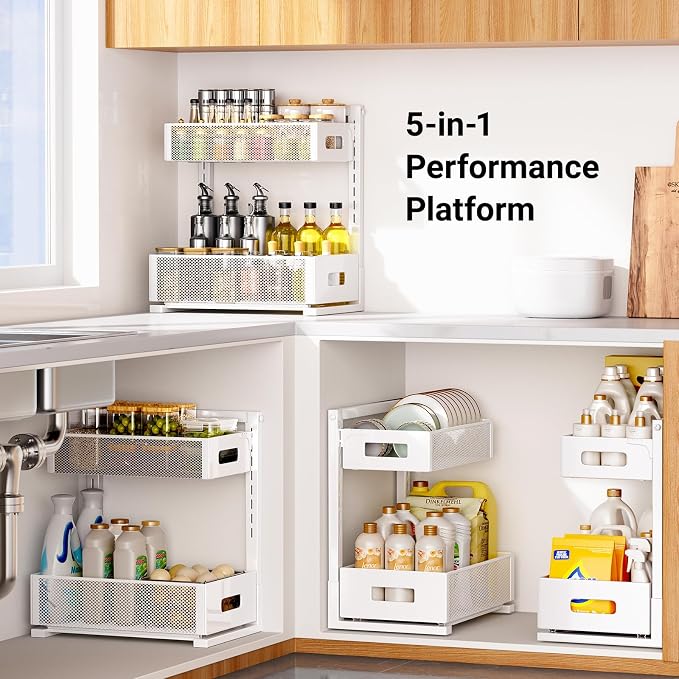 TISTAYA Pull-out Under Kitchen Sink Organizer, Metal Functional Under Sink Organizer, Height Adjustable Under Bathroom Sink Organizer, Under Sink Storage for Kitchen Bathroom Cabinet (White)