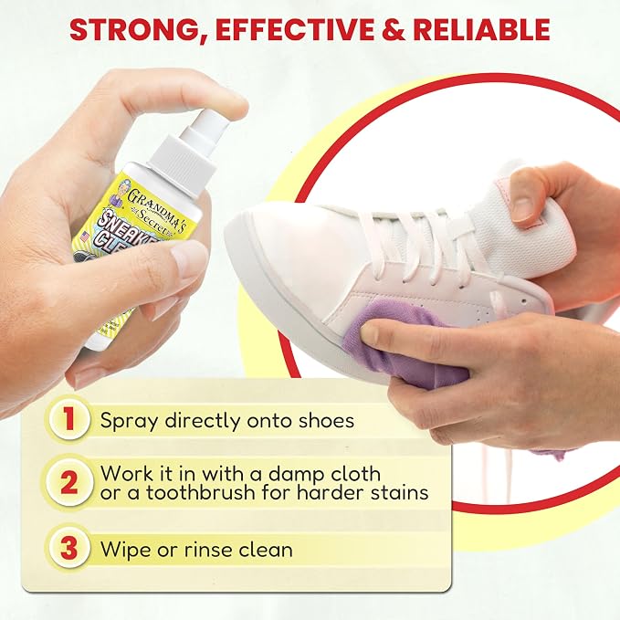 Grandma's Secret Sneaker Cleaner - Shoe Cleaner for Rubber, Canvas and Leather - Stain Remover Spray Removes Dirt, Grime and Grass - Sneakers Cleaner for Outdoor Shoes, Slippers and Moccasins – 3 oz
