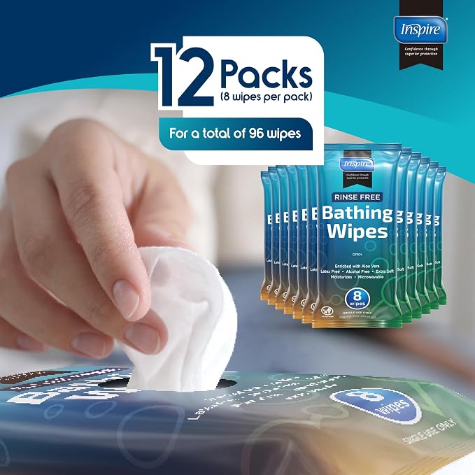Body Wipes for adults bathing rinse free | Adult Wash Cloths Extra Large, Bathing Wipes for Incontinence With Aloe Vera, 8"x 8" In (96 count) | By Inspire