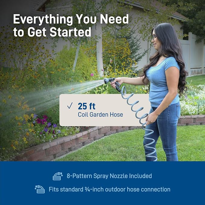 Orbit Coil Garden Hose with 8-Pattern Nozzle, 25 ft., Gray - 26382