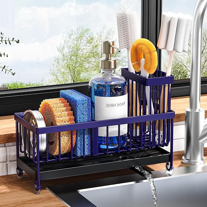 Cisily Sponge Holder for Kitchen Sink, Sink Caddy Organizer with High Brush Holder, Kitchen Countertop Organizers and Storage Essentials, Rustproof 304 Stainless Steel (Navy Blue, 9.25″)