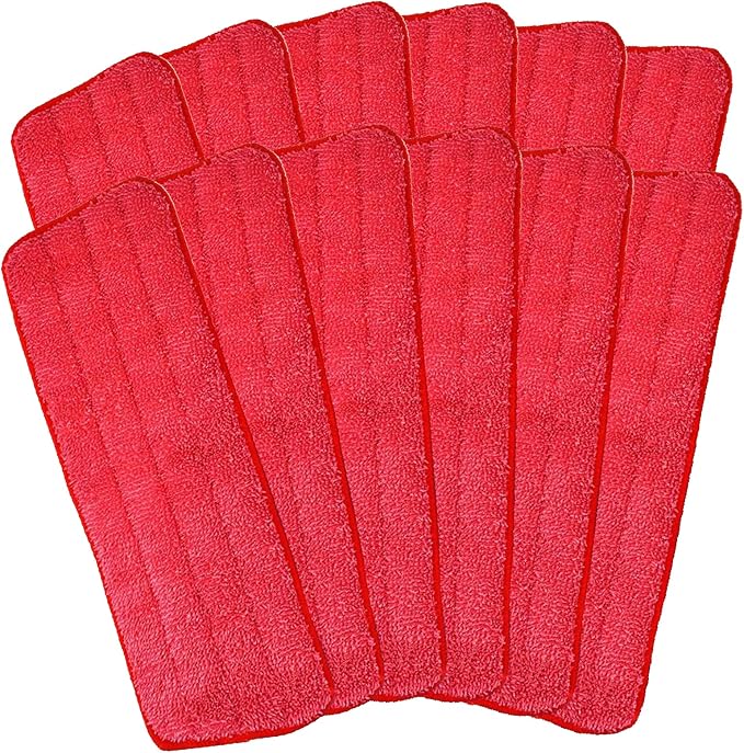 12Pack Microfiber Mop Pads,Reusable and Washable Spray Mop Pads, Red | 18x 6 Inch, Wet and Dry Household Mop Pad Replacement, Set of 12(Red)