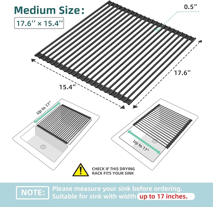 Ohuhu Over The Sink Dish Drainer Drying Rack, 17.6" W x 15.4" L Roll Up Dish Racks Kitchen Sink Organizer Silicone Wrapped Large in Sink Dish Drying Rack Foldable Rolling Drain Mats Anti-Slip