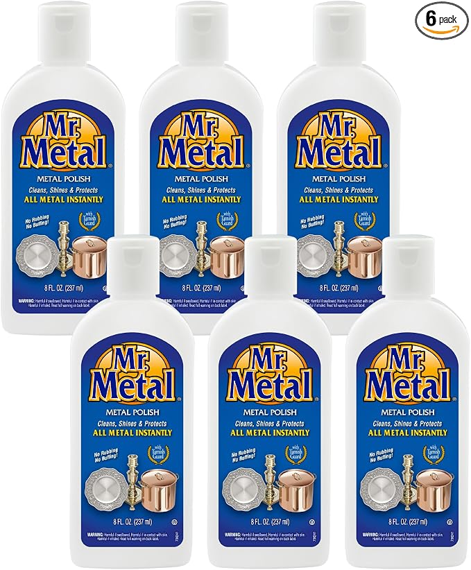 Mr. Metal Metal Polish Liquid All Metal Multipurpose Cleaner, Non-Abrasive, Sterling Silver Cleaner, Brass and Stainless Steel Cleaner, Grime and Tarnish Remover, Chrome Silver Polish, 8 oz - 6 pack