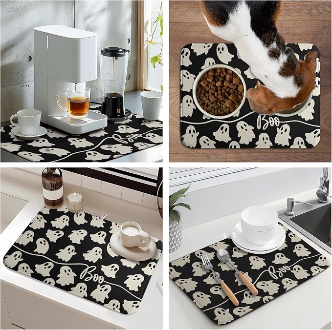 Halloween Ghosts Dish Drying Mat Black and White Large Kitchen Mats Dish Drying Pad Absorbent Dish Dryer Mat for Kitchen Countertops Microfiber Drainer Pad Dish Drying Mats (18x24 in)