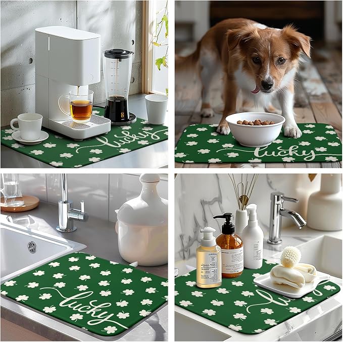 St Patrick Shamrock Drying Mat for Kitchen Counter Green White Lucky Clover Drying Dish Mat St Patricks Day Absorbent Microfiber Dish Drying Pad Reusable Dry Mat 16 x 18 Inch