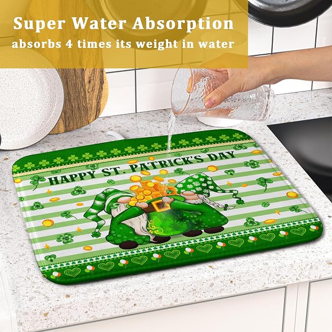 Shamrock Gnome Dish Drying Mat Coin Clover Dishes Fast Dry Mat 16x18 inch Absorbent Microfiber Dishware Drainer Pad for Kitchen Counter Sink