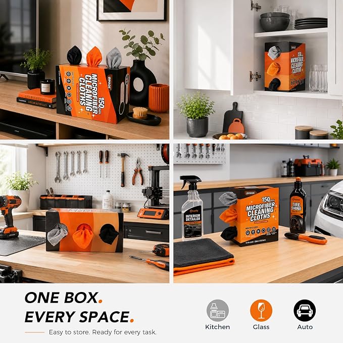 UNIMADE Microfiber Cleaning Cloth, 150 Pack Microfiber Towels for Cars | Reusable Paper Towels Lint Free Shop Rags with Box for Home Kitchen Automotive, 11"x 9", Grey & Orange & Black