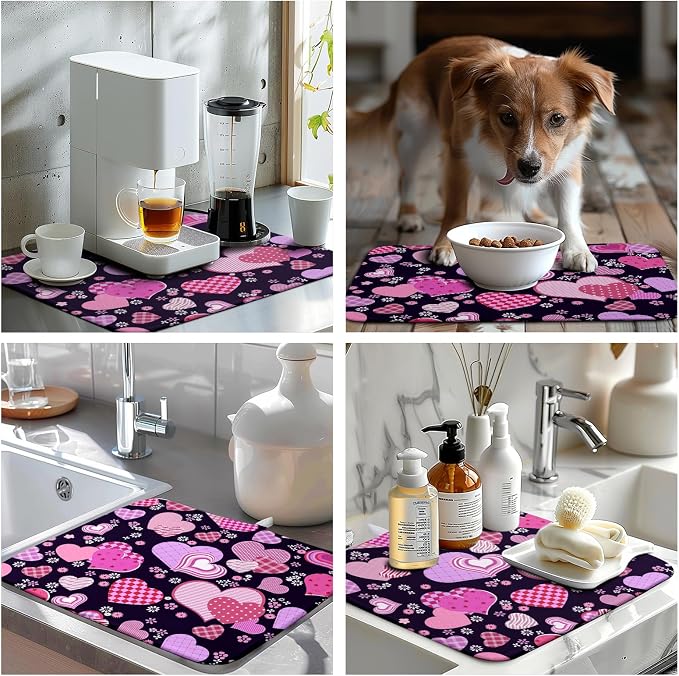 Valentine's Day Pink Love Heart Dish Drying Mat - Black Kitchen Microfiber Absorbent Drainer Rack Pad for Counter Decor - 16x18 In