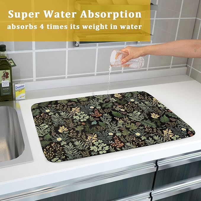 Black Green Botanical Dish Drying Mat for Kitchen Counter 18x24 Inch Super Absorbent Microfiber Kitchen Drying Mat Green Plant Fern Leaves Floral Dish Reusable Washable Dish Drying Pad for Coffee Bar