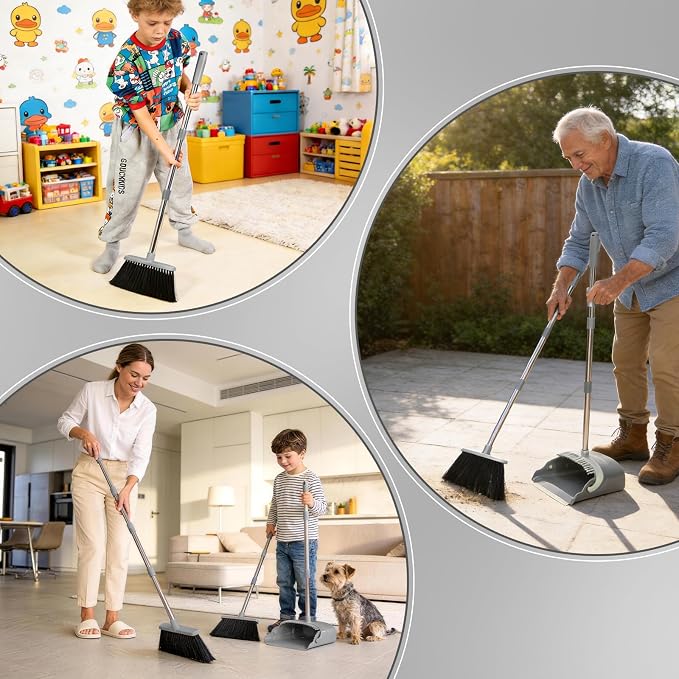 YZO Broom and Dustpan Set, 54.33 Inch Long Handle Standing Design, Dustpan Front Rubber Tight Seal, Broom with 5 Layer Bristles, Suitable for Bedroom, Yard, Office and Apartment(Gray&Black)