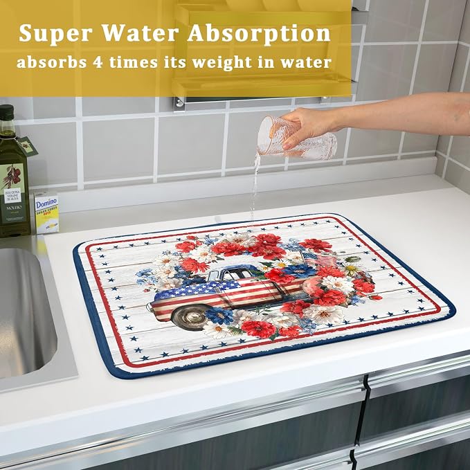 Patriotic Truck Dish Drying Pad 4th of July Drying Mat for Kitchen Counter Coffee Bar Sinks 18 X 24 Inch